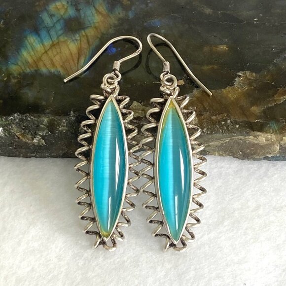 Sterling Silver 925 Marquise Turquoise Blue Cats Eye Spiral Dangle Earrings - Picture 2 of 16